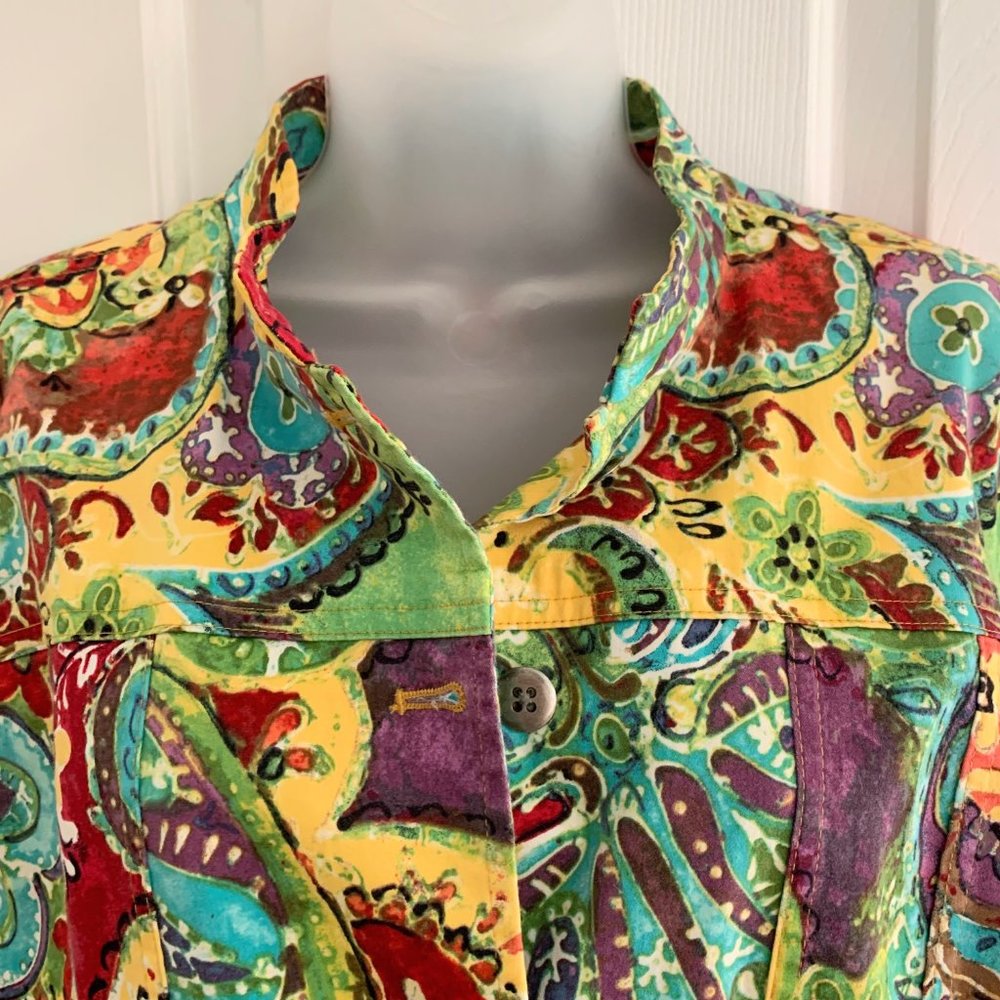 Chico's Green and Yellow Jean Jacket with Paisley Print